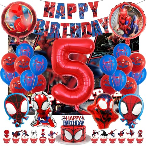 Kindergeburtstag Deko 5 Jahre, Spider Luftballons Geburtstagsdeko Themed Party Set Happy Birthday Banner, Rrunde Charakter Ballon Hintergrunddekoration und Latexballons für Junge und Mädchen von Philoctes