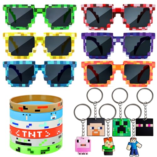 Philoctes Pixel Party Mitgebsel Kindergeburtstag, 6 Pixel Brille, 6 Pixel Armband, 6 Schlüsselanhänger für Kinder, Miner Gamer Kindergeburtstag Mitgebsel Bergbau Stil für Kinder Geschenke Deko von Philoctes