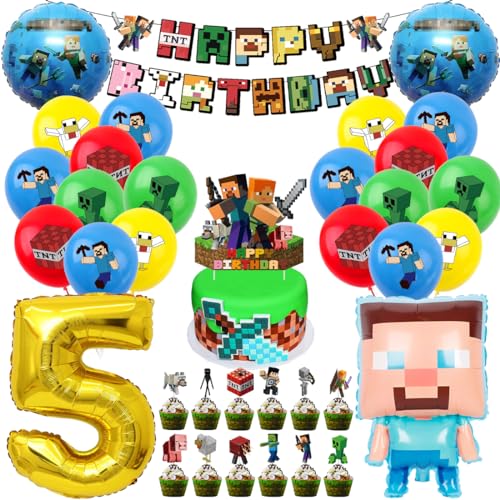 Pixel Kindergeburtstag Deko 5 Jahre, Luftballon 5. Geburtstagsdeko, 41 Stück Miner Gamer Geburtstag Party Deko, Jungen Folienballon Spiel Luftballon Happy Birthday Banner Cupcake Toppers von Philoctes