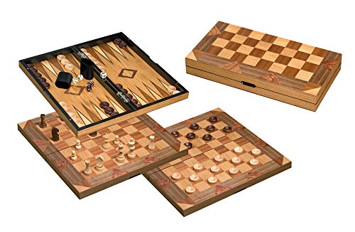 Philos 2522 - Schach Backgammon Dame Set, Feld 43 mm, Königshöhe 77 mm, Staunton Design, Natur und braun gebeizt, gewichtet, inklusive Spielsteine, Würfelbecher und Würfel von Philos