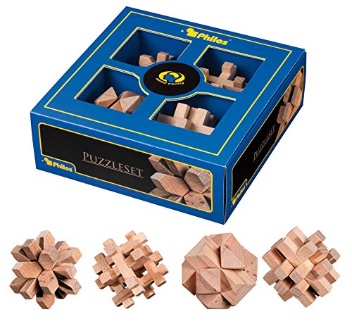 Philos 3501 - Puzzleset I aus Holz (Buche), 4 Verschiedene Denk- und Knobelspiele von Philos