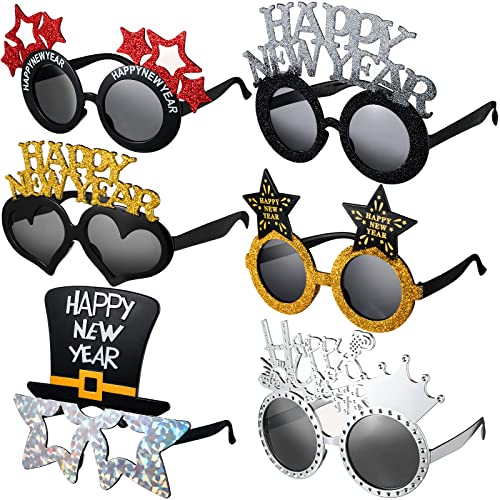 6er Pack Happy New Year Brillen Silvester Sonnenbrillen Neuheit 2024 Kunststoff Brillen Schick Glitzer Dekoration Brillen Foto Requisiten Brillen für Neujahr Party Geschenke Frohes Neues Jahr Feier von Photect