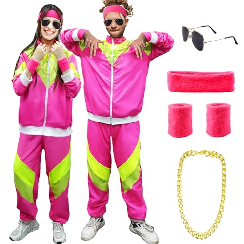 Pianocean 80er 90er Jahre Outfit Herren Damen, Vintage 80er 90er Trainingsanzug, Retro Kostüm Set mit Zubehör, Ballonseide Trainingsanzug für Karneval und Halloween Partie von Pianocean