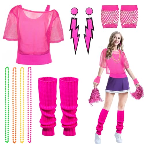 Pianocean 80er Jahre Outfit Damen, 9Pcs 80er Jahre Accessoires für Frauen, Weste, Bluse, Beinwärmer, Armbänder, und Ohrring für Neon 80 Jahre Party Outfit Damen, für 80er Jahre Outfit Damen Party von Pianocean