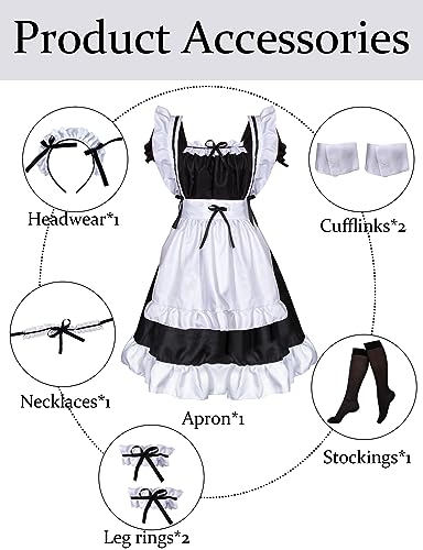 Pianocean 9PCS Maid Dress, Maid Outfit Halloween Kostüm Damen Mädchen, Cosplay Anime Kostüm, Lolita Dress, Dienstmädchen Kostüm mit Schürze Kopfschmuck Halskette Beinringe Manschettenknöpfe Socken von Pianocean