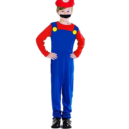 Super Kostüm Brothers Cosplay Kostüm für Kinder, Klempner Kostüm Set, Faschingskostüm Kinder mit Bodysuit Mütze Schnurrbart, Kinder Karneval Kostüm für Jungen Mädchen, Kostüm Kinder für Halloween von Pianocean