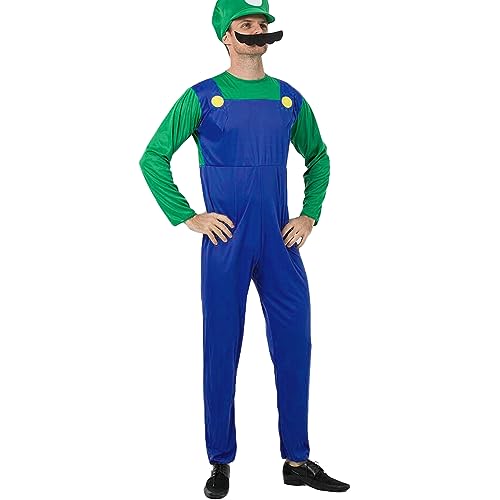 Pianocean Super Kostüm Brothers Cosplay Kostüm für Erwachsene, Klempner Kostüm Set, Faschingskostüm Herren mit Bodysuit Mütze Schnurrbart, Karneval Kostüm Herren Damen, Kostüm Erwachsene für Halloween von Pianocean