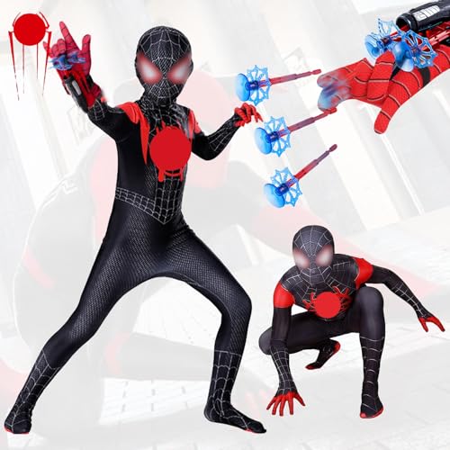 Pianocean Spider Kostüm Kinder, Kinder Spider Anzug Bodysuit, 3D Anime Spider Suit mit Spinnennetz Werfer & Spidermaske, Spider Cosplay Kostüme, Halloween Christmas Karneval Party Kostüm Kinder von Pianocean