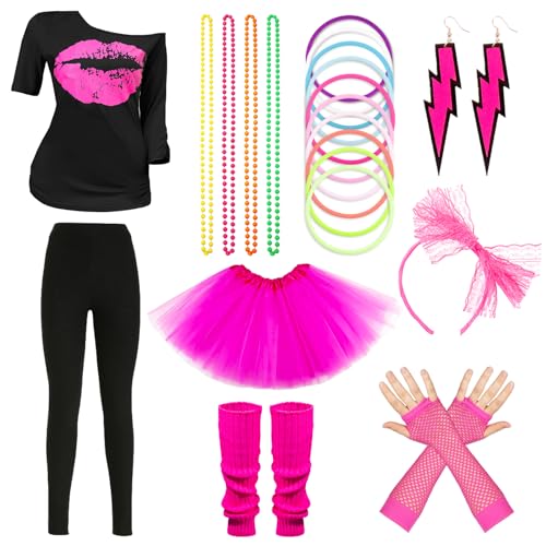 chunL 80er Jahre Outfit Damen Set, 20PCS 80er Jahre Kleidung Accessoires Damen Set, Neon Party Outfit, Lips Print T-Shirt Tutu Thermohose, mit 80er Jahre Ohrringe Halskette für 80er Thema Party von Pianocean