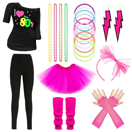 zimuXXL 80er Jahre Outfit Damen Set, 20PCS 80er Jahre Kleidung Accessoires Damen Set, Neon Party Outfit, Lips Print T-Shirt Tutu Thermohose, mit 80er Jahre Ohrringe Halskette für 80er Thema Party von Pianocean