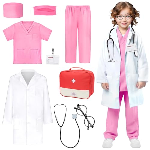 Arztkoffer Kinder, Kostüm Kinder,Arztkittel Kinder,Doktor Rollenspiel Zubehör für Fasching Halloween Cosplay Party Geschenke,Spielset für Jungen und Mädchen,Arztkittel Kinder ab 5 jahre,Größe 130,Rosa von Piashow