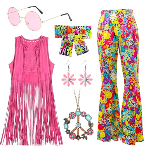 Hippie Kostüm Damen Set mit Fransenweste Schlaghose Hippie Accessoires, 60er 70er Jahre Outfit Damen Rosa Hippie Weste Damen Kleidung Bekleidung Disco Outfit Faschingskostüm Mädchen für Karneval von Piashow