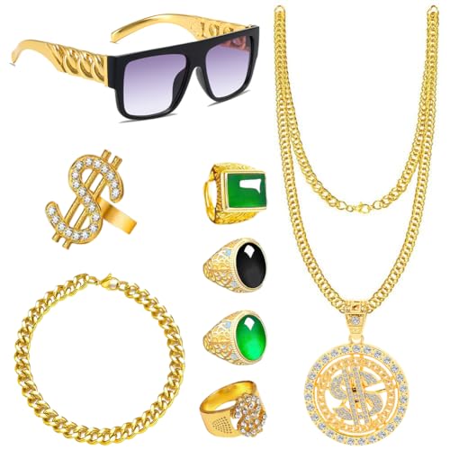 Zuhälter Kostüm Set,Rapper Kostüm 8 Stück 80/90 Jahre Hip Hop Kostüm Accessories mit Metall Vergoldet Große Goldkette Gangster Gang Sonnenbrille Ring Goldenes Armband,für Karneval Fasching Mottoparty von Piashow