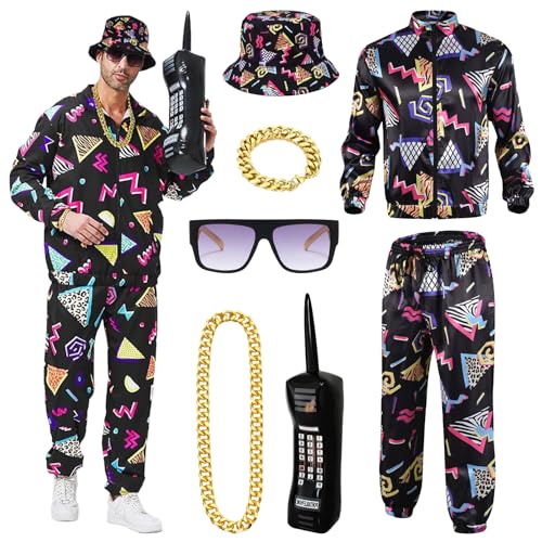 80er 90er Jahre Outfit Herren, Karneval Kostüm Herren Retro Trainingsanzug Hip Hop Bad Taste Outfit mit Jacke Hose Goldkette Armbänder Hüte Brille Aufblasbare Portable Telefone für Karneval, Halloween von Piashow