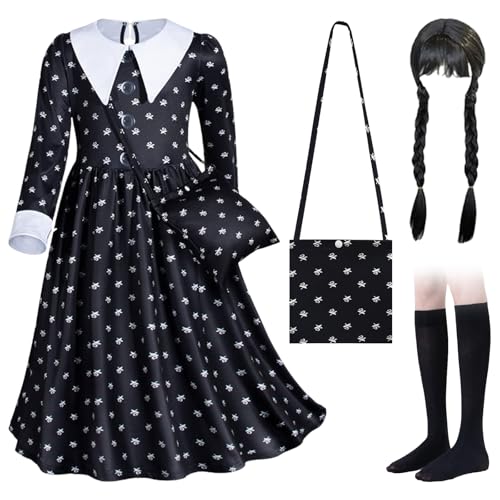 Wednesday Kostüm Kinder, Campus-Stil Schwarzes kleid mit Perücke, Tasche, Socken, Wednesd Adam Kostüm für Mädchen Von 4–13 Jahren, Schwarzes Kostüm für Halloween Karneval Fasching Cosplay Party von Piashow