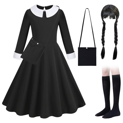 Wednesday Kostüm Kinder, Campus-Stil Schwarzes kleid mit Perücke, Tasche, Socken, Wednesd Adam Kostüm für Mädchen Von 4–13 Jahren, Schwarzes Kostüm für Halloween Karneval Fasching Cosplay Party von Piashow