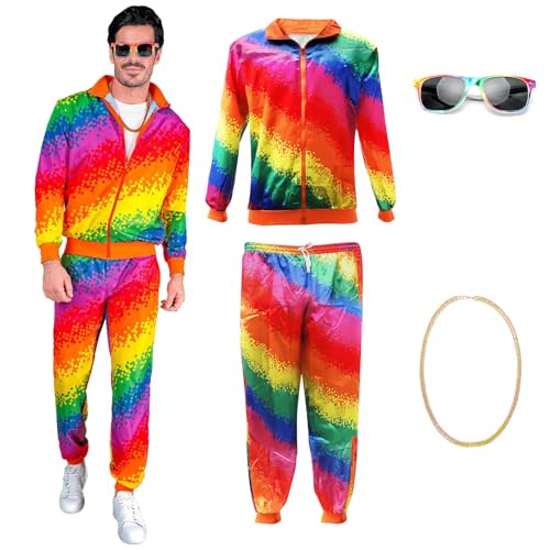 Piashow Faschingskostüme Paare Herren Damen Unisex Regenbogen Kostüm Trainingsanzug Karnevalskostüm mit Jacke, Hose, Sonnenbrille und Halsketten für Karneval, Fasching, Paare Outfit von Piashow