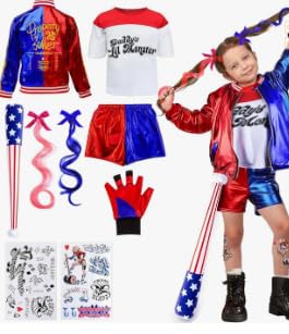 Quinn Kostüm Kinder Cosplay Kostüm Mädchen Bösewicht Suicide Kostüm Kit enthalten Jacke, T-Shirt, Shorts, Perücken, Tattoo, Handschuh Aufblasbarer Baseballschläger, für Karneval Halloween Cosplay von Piashow