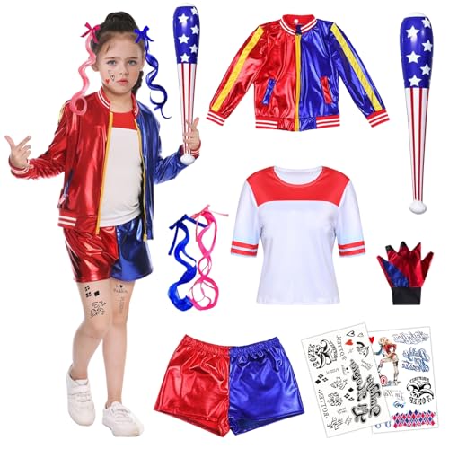 Quinn Kostüm Kinder Cosplay Kostüm Mädchen Bösewicht Suicide Kostüm Kit enthalten Jacke, T-Shirt, Shorts, Perücken, Tattoo, Handschuh Aufblasbarer Baseballschläger, für Karneval Halloween Cosplay von Piashow