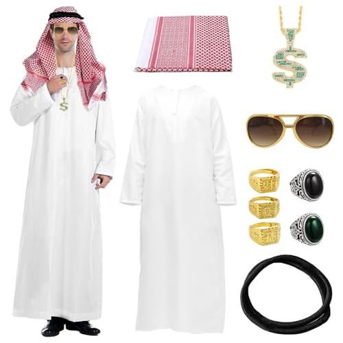 Scheich Kostüm Herren, Araber Kostüm Herren Set mit Kopftuch,5 Rings,Halsketten, Sonnenbrillen,Faschingskostüme Männer Lustig Karneval Kostüm Herren Scheich Lustige Kostüme für Karneval,Partys,Cosplay von Piashow