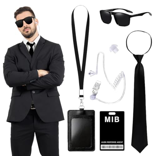 Piashow 6PCS Agent Kostüm Zubehör,Agenten-Outfit, Geheimdienst Kostüm Set Spion Kostüm Zubehör mit schwarzer Sonnenbrille Zip Krawatte Hörer ID Karte und Kartenhalter für Männer Frauen Kinder von Piashow