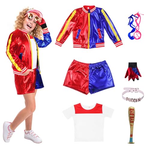 Quinn Kostüm Kinder Cosplay-Kostüm Mädchen Bösewicht Suicide Kostüm Kit enthalten Jacke,T-Shirt,Shorts und Handschuh Aufblasbarer Baseballschläger,Harley Cosplay Kostüme für Halloween Karneval Cosplay von Piashow