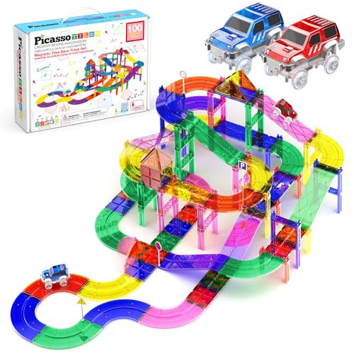 PicassoTiles 100 PCs Race Car Track Set Magnetic Toy Building Block with 2 LED Cars with Height Adjustable Roads Signs Education STEM Building Kit Learning Construction Fun for Boys & Girls Ages 3+ von PicassoTiles