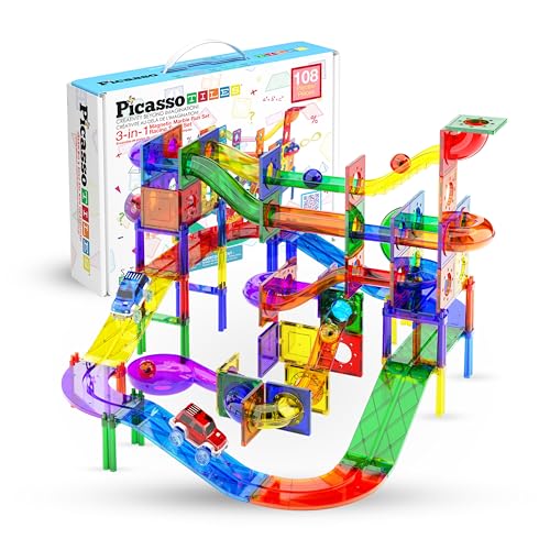 PicassoTiles 108pc 2-in-1 Murmelbahn Auto Rennbahn Combo Magnetische Fliesen PicassoToys Magnet Baustein Pädagogische Konstruktion Spielzeug Spielset STEM STEAM Lernen Kit Kind Gehirn Entwicklung von PicassoTiles