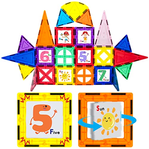 PicassoTiles 42-teilige magnetische Bausteine mit 32-teiligen Fliesen und 10-teiligem Click-in-Grafik-Magnetbau-Spielzeugset STEM-Lernspielset Kinderhirnentwicklung Stapelspielbrett von PicassoTiles