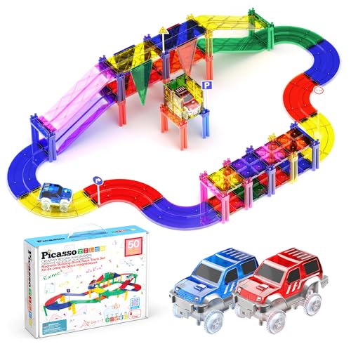 PicassoTiles 50-teiliges Rennautobahn-Baustein Lernspielzeug-Set Magnetfliesen Magnet DIY-Spielset 2 Leuchtendes Auto STEM Learning Baukasten Hand-Auge-Koordination Feinmotorisches Training von PicassoTiles