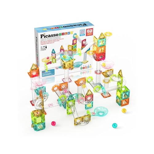 PicassoTiles 60 pc Magnet Tiles Building Block Travel Size Magnetic Marble Run Construction Toy Set Mini Diamond Marble RaceTrack Building Blocks Playset Education STEM Learning Kit Boy Girl 3+ PTMG60 von PicassoTiles