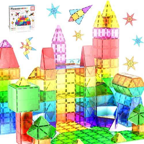 PicassoTiles 60-teiliges Set mit 60 magnetischen Bausteinen, klar, magnetisch, 3D-Bausteine, Konstruktionsspielbretter – Kreativität über die Fantasie, Inspiration, Freizeit, Bildung, Konventionell von PicassoTiles