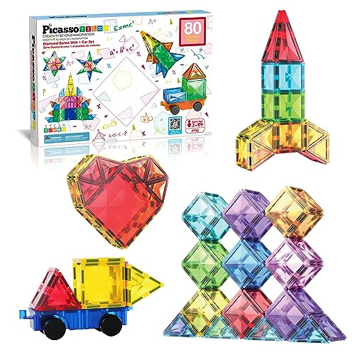 PicassoTiles 80 Pieces Magnetic Building Tiles Magnet Toys Diamond Educational Playset for STEM Sensory Gifts Kid Brain Development Stacking Blocks Construction Set von PicassoTiles