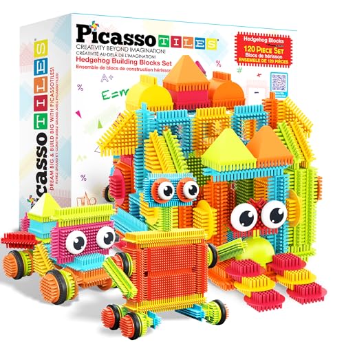 PicassoTiles Igel-Block-Fliesen-Spielzeug Baustein stapelbar ineinandergreifende Zähne Konstruktion sensorische Geschenke STEM-Lernborsten-Spielset Kinder Kleinkinder ab 3 Jahren 120 Teile von PicassoTiles