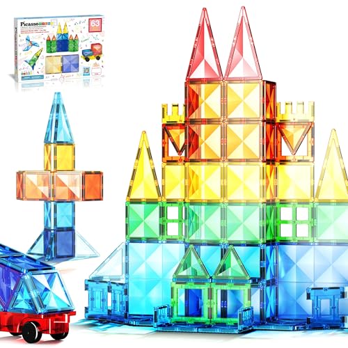 PicassoTiles Magnetische Bausteine in Diamantform, 63 Stück – Fliesenblöcke mit Auto und LKW – Set d von PicassoTiles