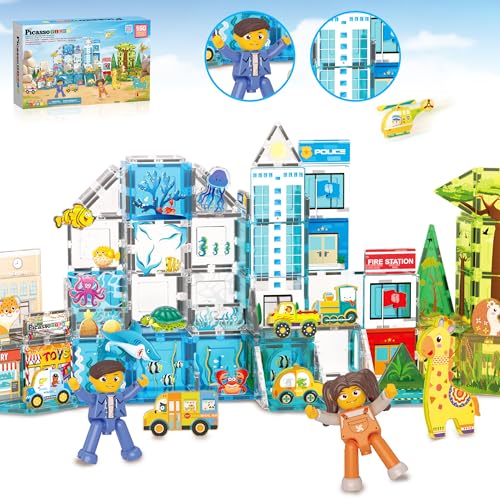 PicassoTiles PTQ1245 Magnetfliesen-Bausteine, 3-in-1-Aquari-Tier- und Metro-Themen-Spielset mit 24 Charakter-Actionfiguren, magnetisches STEM-Lernspielzeug, Bauset für Kleinkinder, Kinder ab 3 Jahren von PicassoTiles