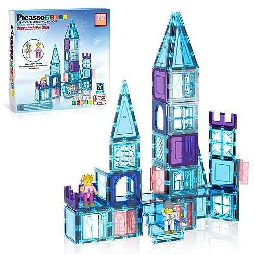 PicasssoTiles 72 Piece Magnetic Building Tiles Castle Winter Ice Theme Construction Magnet Block Set with Princess Prince Character Stairs Windows Doors STEM Learning Educational Toy Kids Ages 3+ PT72 von PicassoTiles