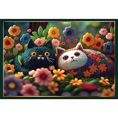 Piece of Mind Häkelkätzchen Puzzle 1000 Teile - 50x70 cm - Puzzle Tiere Katzenpuzzel für Erwachsene - Bunte Häkel-Katzen & Blumen - Geschenk für Katzenliebhaber von Generic