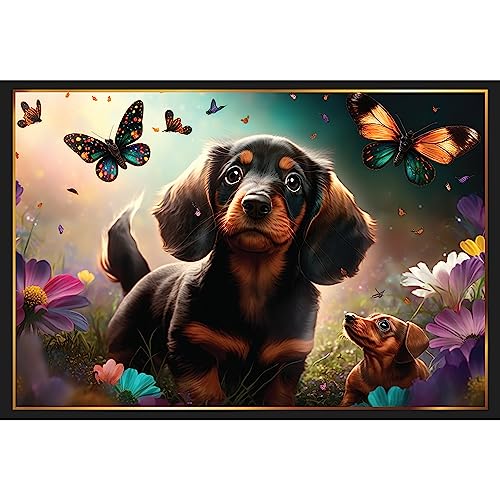 Piece of Mind Teckle Abenteuer Puzzle 1000 Teile - 50x70cm - Hund & Schmetterling im Garten - Hunde Puzzle für Erwachsene - Geschenk für Hundebesitzer - Farbenfrohe Blumen & Tiere - Puzzle Hund von Piece of Mind