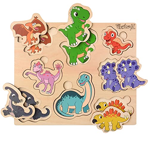 Pikatoyz Holzpuzzle 1 Jahr, 2 3 Jahre. Steckspiel bestehend aus Dinosaurier Puzzles. Ideales steckpuzzle für EIN Geschenk. Kinderpuzzle bestehend aus Montessori Spielzeug für Jungen. Baby Spielzeug. von Pikatoyz