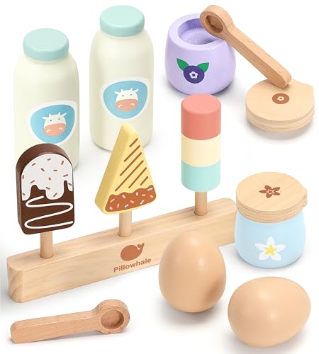 Pillowhale Holzspielzeug Kinderküche Zubehör, Montessori Spielzeug Spielküche Zubehör, Rollenspiele Spielzeug für Kinderküche, Kühlschrank und Kaufmannsladen, Pretend Food für Kinder ab 3 Jahr von Pillowhale