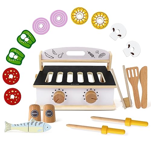 Pillowhale Kinder Küche,2-In-1 Kinderküche Holz mit Lebensmittel Spielzeug,Tragbarkeit Küche BBQ Spielzeug Set,Rollenspiele Kochen Küche Zubehör für Kinder ab 3 Jahren von Pillowhale
