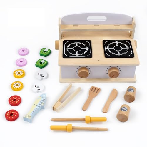 Pillowhale Kinder Küche,2-In-1 Kinderküche Holz mit Lebensmittel Spielzeug,Tragbarkeit Küche BBQ Spielzeug Set,Rollenspiele Kochen Küche Zubehör für Kinder ab 3 Jahren von Pillowhale