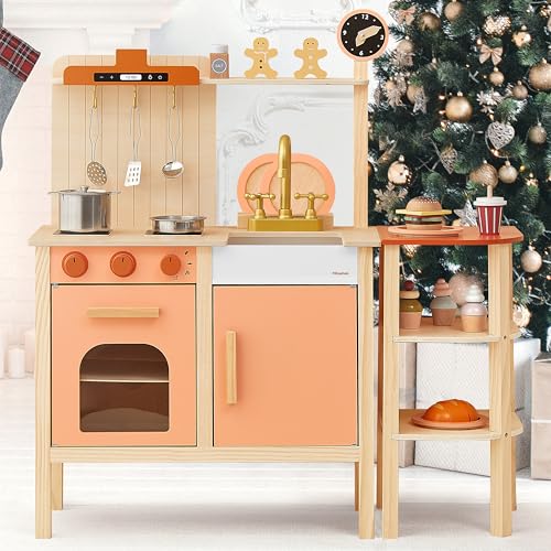 Pillowhale Kinderküche Holz,Spielzeug Spielküchen mit Lagerregal,Spielküche Zubehör Spielzeug,Koch Pretend-Spielset für Mädchen Jungen Kleine ab 3 Jahren|Rosa,Best Gift for Girls and Boys von Pillowhale