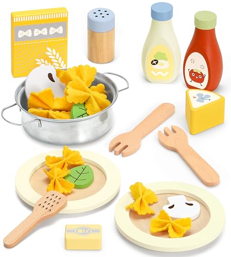 Pillowhale Nudel-Spiel-Lebensmittel-Set, Holzspielzeug mit Metalltopf und Holzbesteck, Kleinkinder, Küchenzubehör für 3 4 5 Jahre alte Mädchen Jungen Pillowhale Nudel-Spiel-Lebensmittel-Set, Holzspielzeug mit Metalltopf und Holzbesteck, Kleinkinder, Küchenzubehör für 3 4 5 Jahre alte Mädchen Jungen von Pillowhale