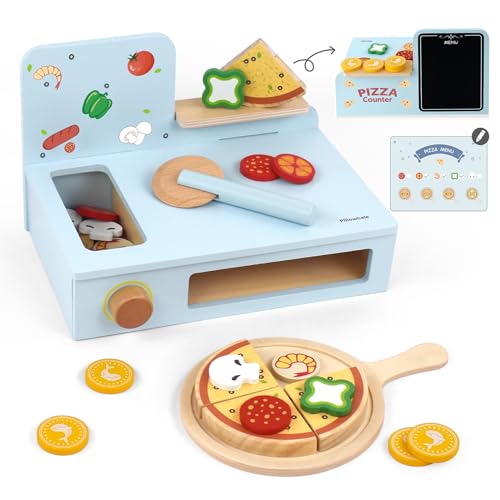 Pillowhale Pizza Set Holz,Pizza Kinderküche Spielzeug,Pizza-Ofen Holzspielzeug mit Spielzeug Lebensmittel,Kinderküche Zubehör Spielküche Pizza-Schneidespielzeug für Jungen Mädchen ab 3 Jahre von Pillowhale