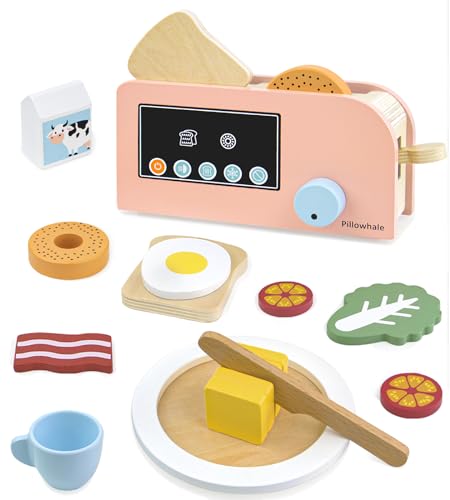 Pillowhale Toaster Spielzeugör Set,Holzspielzeug Pop-up Toaster Set mit Hebelfunktion,Rollenspiele Kinderspielzeug mit Brot und Bagels,Kinderküche Zubehör Holz für 3+ Mädchen Jungen von Pillowhale