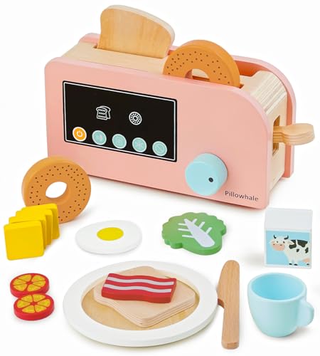 Pillowhale Toaster Spielzeugör Set,Holzspielzeug Pop-up Toaster Set mit Hebelfunktion,Rollenspiele Kinderspielzeug mit Brot und Bagels,Kinderküche Zubehör Holz für 3+ Mädchen Jungen von Pillowhale