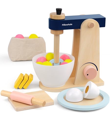 Pillowhale Toy Blender,Wooden Toy Mixer Kitchen Play Set with Toy Food,Kids Baking Set Stand Mixer,Play Kitchen Accessories for Kids Ages 3+ von Pillowhale