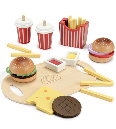 Pillowhale Wooden Play Food Toy for Kids Pretend Play Kitchen Accessories for Toddlers Wooden Play Fast Food Hamburger Set Educational Toys Gift for Boys Girls von Pillowhale